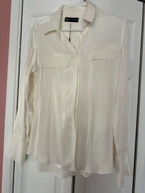 Zara Ivory Satin Button-Down Shirt